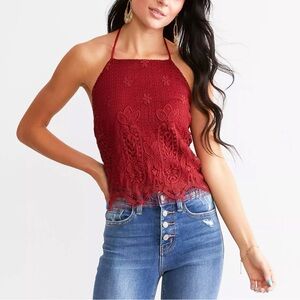 Willow & Root Floral Eyelash Crochet Halter Tank Top NWT Rio Red Lined Tie Back